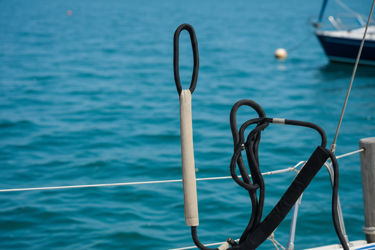 Docking line on a sleeve with a marina background