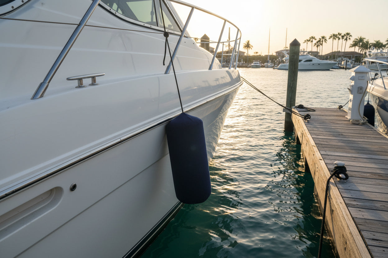 White yacht docked at a wooden pier featuring premium black boat fender covers for gelcoat protection.