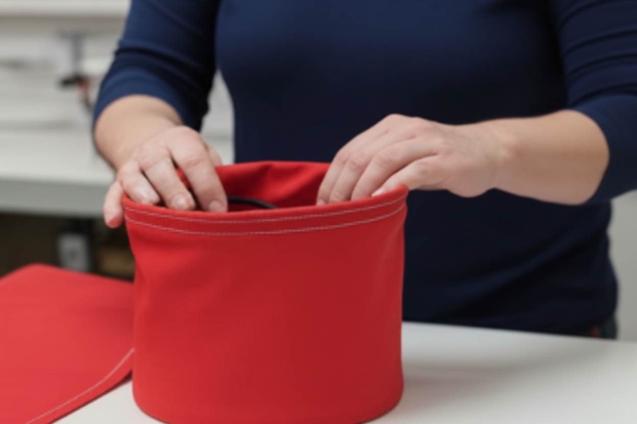 Person opening a red bag on a white surface