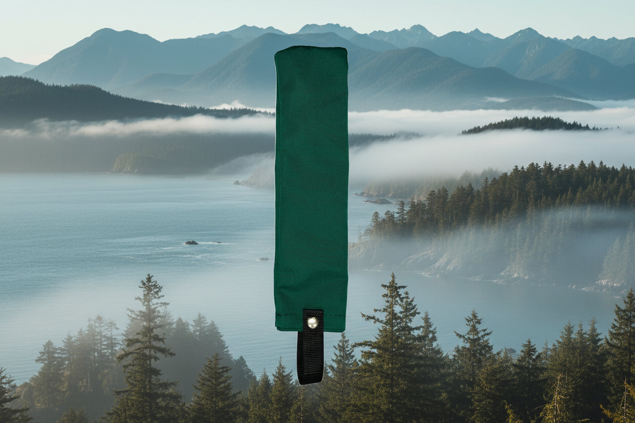 Green fabric cover with a black strap on a white background