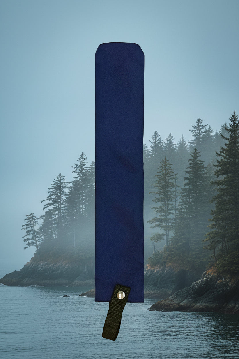 Blue burgee or flag cover with a black strap on a white background