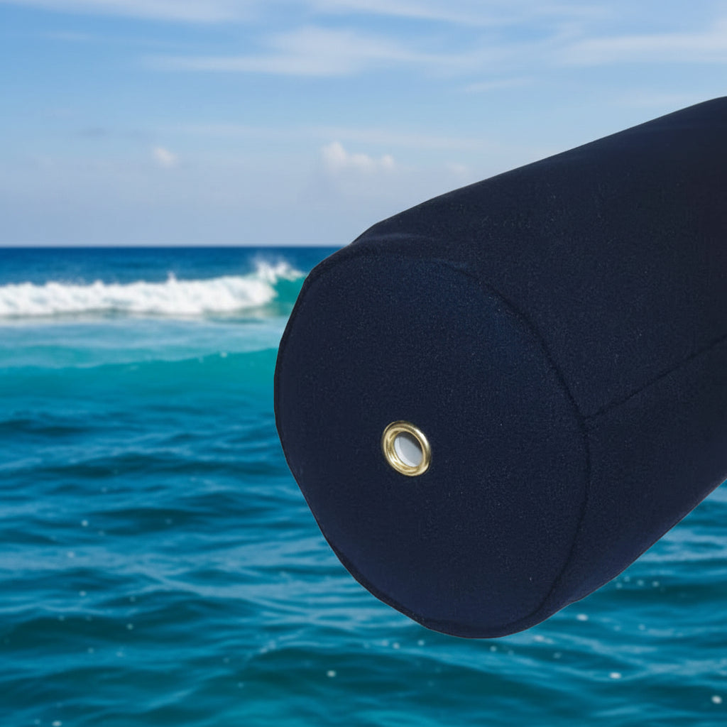 Navy blue fabric cover with eyelet on a ocean background