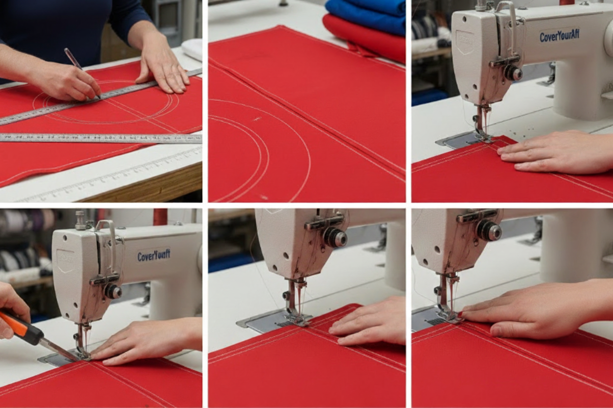 Collage of sewing process with a Sailrite machine on red fabric.
